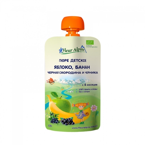 Пюре детское Fleur Alpine Яблоко, банан, черная смородина и черника, 120 гр